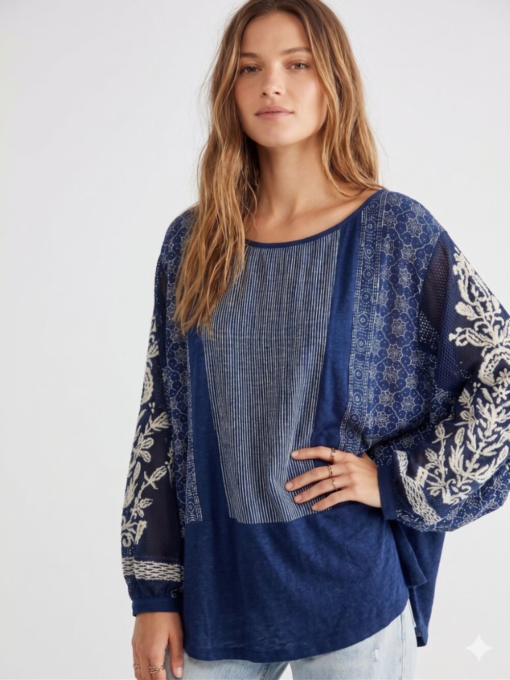 Free People Indigo Dreams Oversized Tunic Top Blue Boho Embroidered Small S NWT